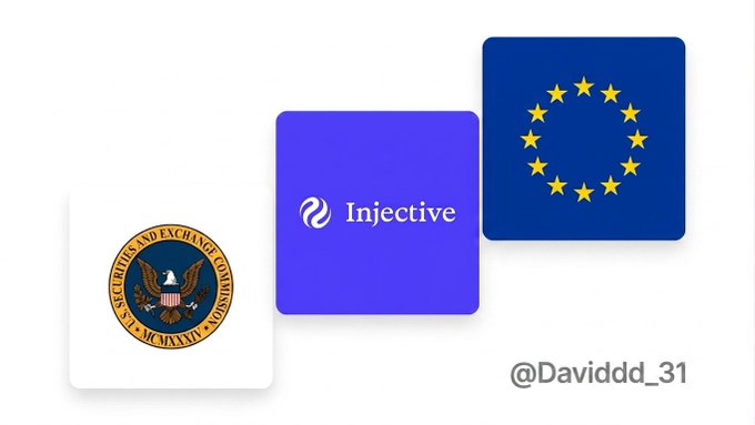 An image featuring the Injective logo alongside the U.S. SEC seal and the European Union flag, symbolizing Injective's regulatory milestones of filing for a transfer agent license with the SEC and publishing a MiCA whitepaper for the EU, as referenced in the post by @Daviddd_31.