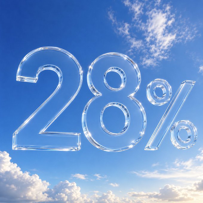 A translucent "28%" hovers against a bright blue sky with clouds, likely emphasizing a market dominance statistic. The image visually reinforces the post's claim that PONS holds approximately 79.5% market share, with the 28% figure possibly representing a related dominance or growth metric on the RH Chain launchpad.
