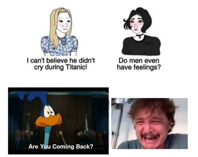 A meme featuring drawings and photos with text about Titanic; the bottom panels show a cartoon bird asking 'Are You Coming Back?' and a crying man.
