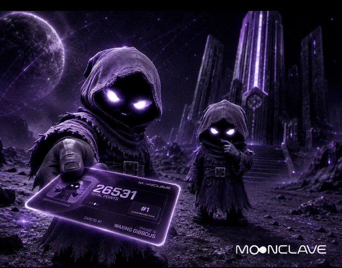 Two hooded figures with glowing purple eyes stand before a futuristic lunar landscape, with one holding a glowing card displaying "26531 TOTAL POINTS," "#1," "CARD ID #1," "Project IV: Waxing Gibbous," and the "MOONCLAVE" logo—visually echoing the post's message about community members steadily stacking daily effort to rise through Moonclave's leaderboard.