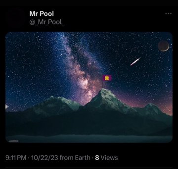 A Twitter post from user @_Mr_Pool_ posted on 10/22/23 shows a stunning night sky image featuring a vibrant Milky Way galaxy arching over snow-capped mountains, with what appears to be a shooting star or rocket and a small icon visible in the sky. The post's caption references a castle, a rocket heading to the moon, and Spain's Castile Region being the epicenter of a total solar eclipse, though the image itself primarily depicts the cosmic scene with mountains rather than clearly showing a castle.