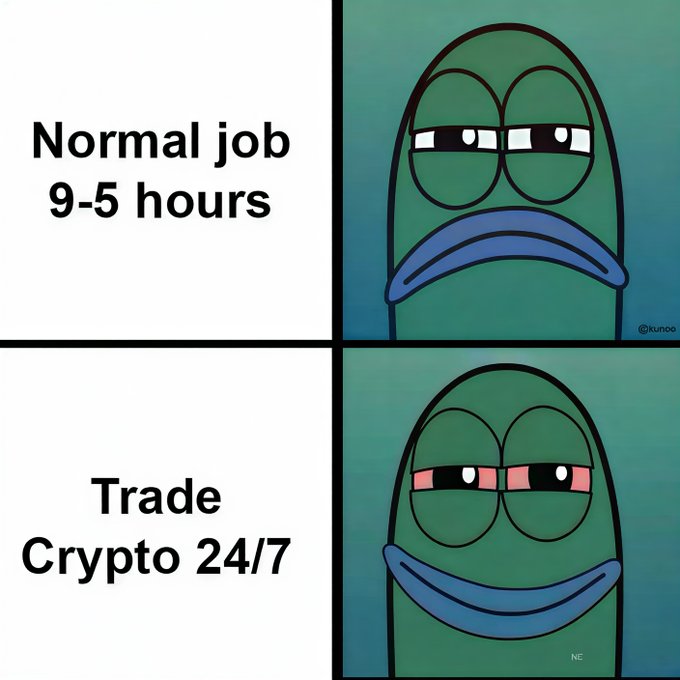A two-panel meme featuring a green cartoon character contrasting a sad expression for a 'Normal job 9-5 hours' with a happy expression for 'Trade Crypto 24/7.'
