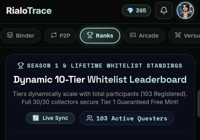 A dark-themed digital interface for 'RialoTrace' showing a 'Ranks' tab with a 'Dynamic 10-Tier Whitelist Leaderboard' indicating 103 registered participants and active questers.