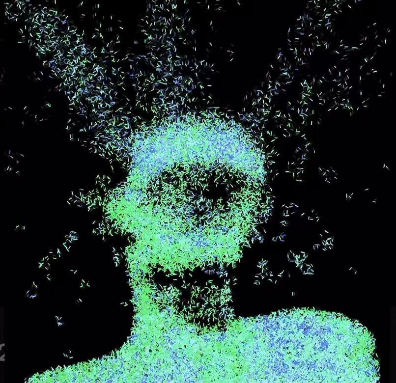A blue and green painting of a person's face with "grails" written below, which refers to a type of cosmic radiation or energy in the world of science fiction. The artist has captioned this work as an artwork related to the idea of grails, a popular sub-genre in speculative fiction.