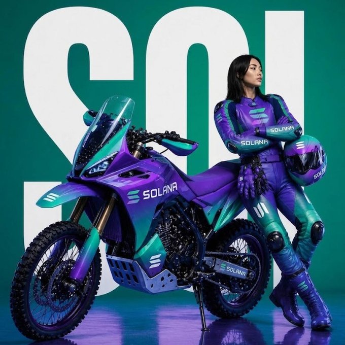 A woman in matching purple and teal racing gear leans against a custom adventure motorcycle, both branded with the "SOLANA" logo, set against a bold green backdrop displaying the large "SOL" text—embodying the message that "all roads lead to Solana."