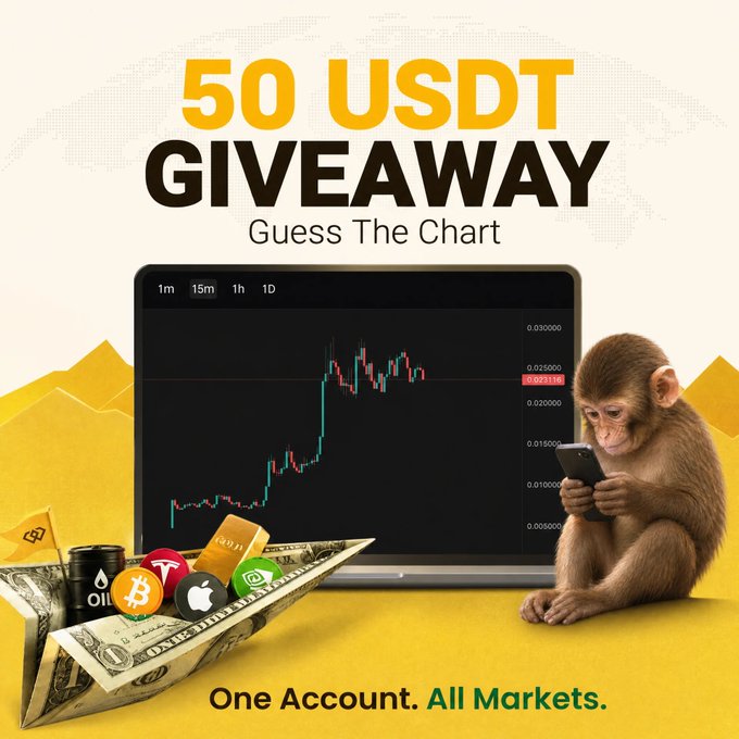 A promotional giveaway graphic features a monkey looking at a smartphone beside a laptop displaying a candlestick chart, with text announcing "50 USDT GIVEAWAY - Guess The Chart" and the tagline "One Account. All Markets." The accompanying post invites users to repost and reply with a token name and their WEEX UID, with 5 winners sharing the 50 USDT prize.