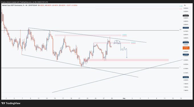 This image displays a 4-hour chart of USDT Dominance, showing price action with technical analysis patterns and key levels around 8.463%. The chart visually supports the post's prediction of USDT.D returning to its resistance levels in the coming days.