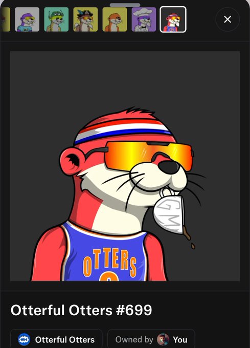 A digital NFT profile page for 'Otterful Otters #699' showing a cartoon otter wearing orange sunglasses, a headband, and a blue basketball jersey that says 'OTTERS' while drinking from a 'G FUEL' cup.