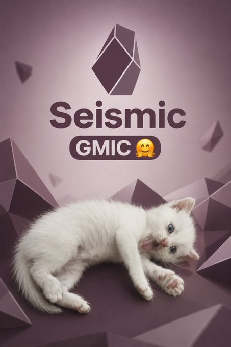 A promotional image for 'Seismic' featuring a white kitten lying on a purple surface, with a geometric crystal-like logo and the text 'Seismic GMIC' accompanied by a hugging emoji.