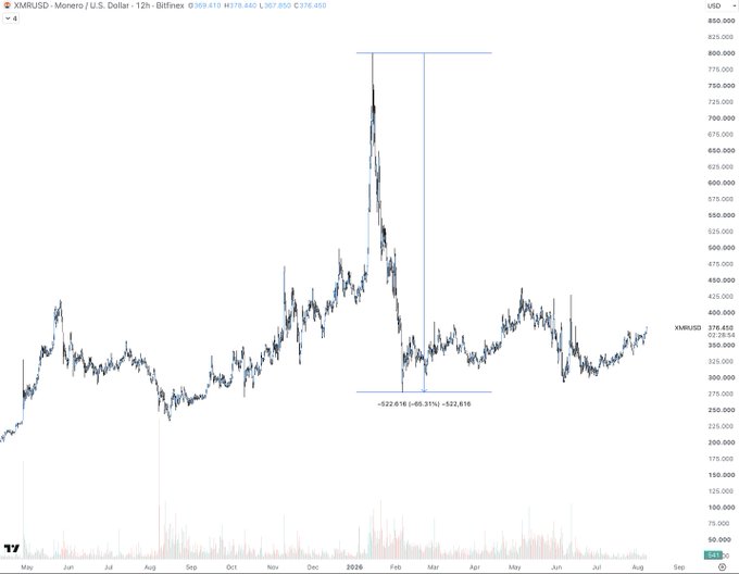 This image shows a 12-hour XRP/USD chart on Bitfinex, with the current price at $378.65 and a 65.31% gain. The chart highlights a significant price swing from a peak near $850 down to around $278.63, representing a drop of approximately 65.31% (marked as -522.616 with a +65.31% recovery). It illustrates the volatile nature of XRP's price action, particularly the dramatic decline and subsequent recovery during early 2025.