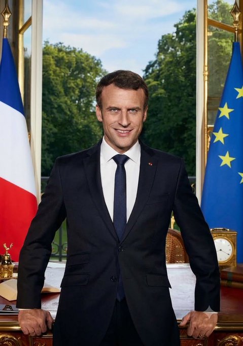 The image shows Emmanuel Macron, President of France, standing between the French flag and the European Union flag in an official setting, likely the Élysée Palace. The caption directly relates to the post's breaking news about France's newly announced 31.4% tax on profits from converting Bitcoin and altcoins to stablecoins, reflecting the policies enacted under Macron's leadership and highlighting Europe's broader regulatory stance against dollar-pegged stablecoins.