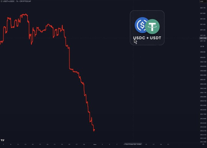 A TradingView chart shows the USDC/USDT trading pair on Cryptocap with a steep downward trend, dropping from around 257.5 to 255.0 over the displayed timeframe. This visual reinforces the post's warning about rapid capital withdrawal from the cryptocurrency market, illustrating the significant decline in stablecoin market capitalization.