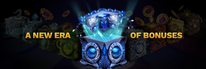 A glowing blue treasure chest bursts open with magical light, surrounded by the bold text "A NEW ERA OF BONUSES," visually capturing the $JPT airdrop's promise of reward-based bonuses through participation rather than token ownership. The radiant chest symbolizes the unlocking of treasures earned through contribution, reinforcing the campaign's unique "no presale, contribution-based allocation" message.