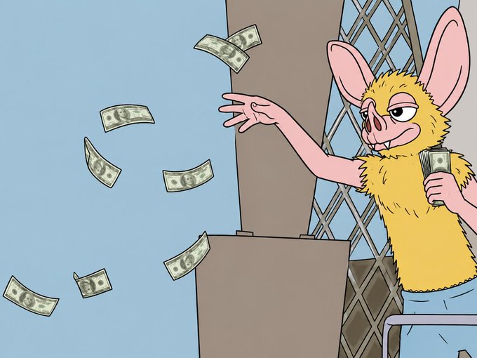 A cartoon bat-like creature in a furry yellow costume smirks as it tosses dollar bills into the air, evoking a predatory money-grabbing scam. The image satirizes false financial promises—visually echoing the "trust your instincts" warning to be wary of too-good-to-be-true opportunities.