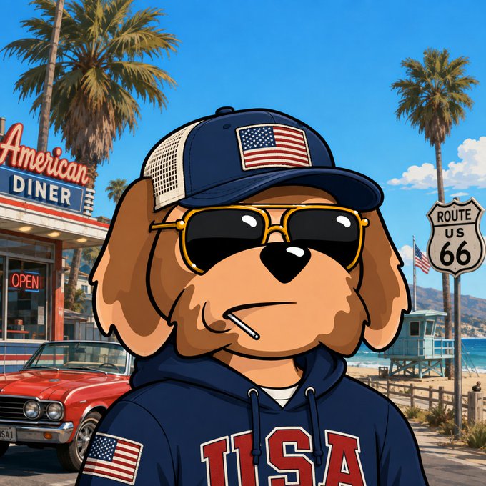 A cartoon-style illustration of a dog wearing sunglasses, an American flag cap, and a 'USA' hoodie, standing in front of a Route 66 American diner with palm trees and a classic red car.