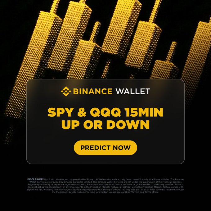 A promotional advertisement for Binance Wallet featuring a gold and black city skyline design, advertising a 'SPY & QQQ 15MIN UP OR DOWN' prediction market game with a yellow 'PREDICT NOW' button.