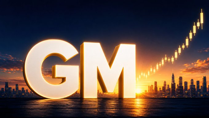 Large illuminated 'GM' letters stand against a city skyline at sunset with a candlestick chart rising in the sky.