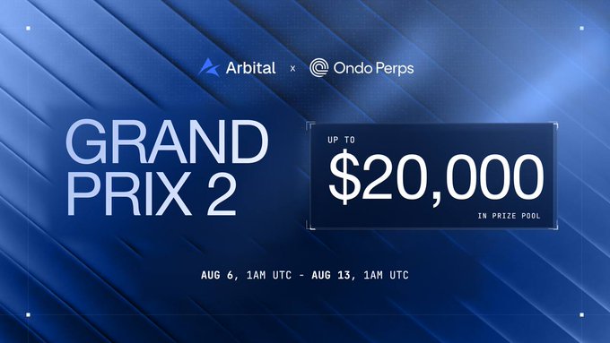 A promotional banner for the "Ondo Perps Grand Prix 2" trading competition, featuring the Arbital and Ondo Perps logos at the top, with details highlighting a prize pool of "up to $20,000" and event dates from "Aug 6, 1AM UTC - Aug 13, 1AM UTC," set against a sleek blue geometric background.