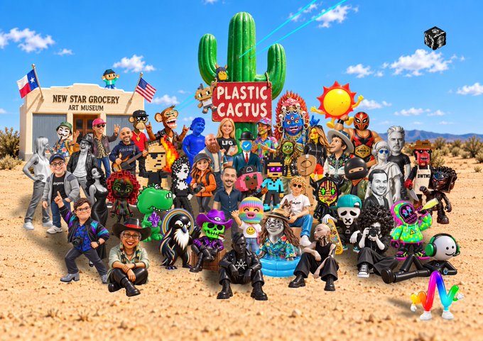 A vibrant group photo features dozens of artists, patrons, and NFT characters—including figures with "LVC" and "LUX" visible—gathered around a large inflatable green cactus bearing a "PLASTIC CACTUS" sign, with the "New Star Grocery Art Museum" and Texas/Chile flags in the background, celebrating the ArtBlocks.io Marfa weekend 2026 event.
