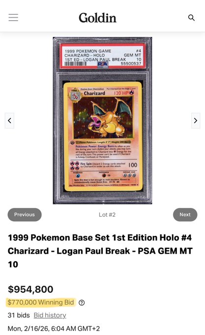 A Goldin auction page displays a 1999 Pokémon Base Set 1st Edition Holo Charizard #4 from the Logan Paul Break, graded PSA GEM MT 10, with a $770,000 winning bid and 31 bids totaling $954,800, illustrating the high-value rare collectibles market that the post suggests could benefit from onchain verification and vaulting services with moderate fees.
