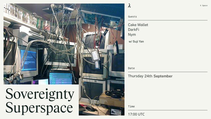 An event page titled 'Sovereignty Superspace' featuring a photo of stacked old computers with tangled wires, listing guests Cake Wallet, DarkFi, and Nym, scheduled for Thursday 24th September at 17:00 UTC.