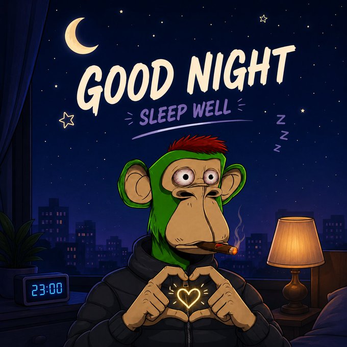 A cartoon monkey wearing a green hoodie and smoking a cigar, making a heart shape with its hands under the text 'GOOD NIGHT SLEEP WELL,' with a clock reading 23:00.