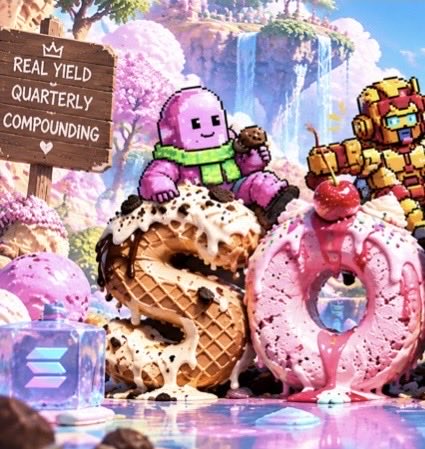 A colorful digital artwork featuring ice cream scoops (number 5 and 0), with pixel characters including a pink figure with crown and a gold armored figure, and text 'REAL YIELD QUARTERLY COMPOUNDING' alongside a Solana logo.
