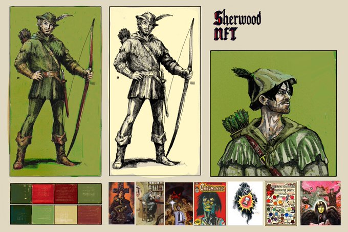 A "Sherwood NFT" promotional collage features two full-body illustrations of a feathered-hat archer in green, alongside a sepia-toned sketch version and a close-up portrait, with a row of color swatches and smaller reference artworks below. The post announces a giveaway of 10 GTD spots to celebrate the debut sketch of the character.