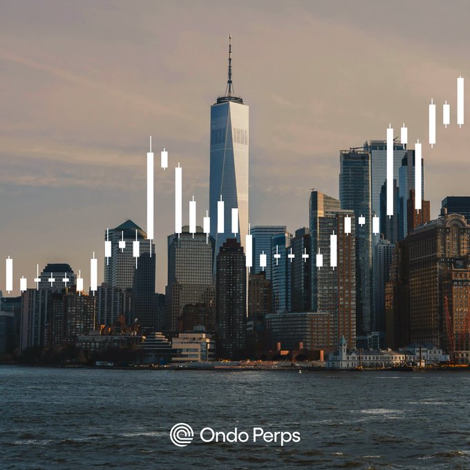 The image shows the New York City skyline featuring One World Trade Center, overlaid with a white candlestick chart, with the text "Ondo Perps" displayed at the bottom — visually bridging traditional Wall Street finance with the rising world of tokenized perpetual futures markets.