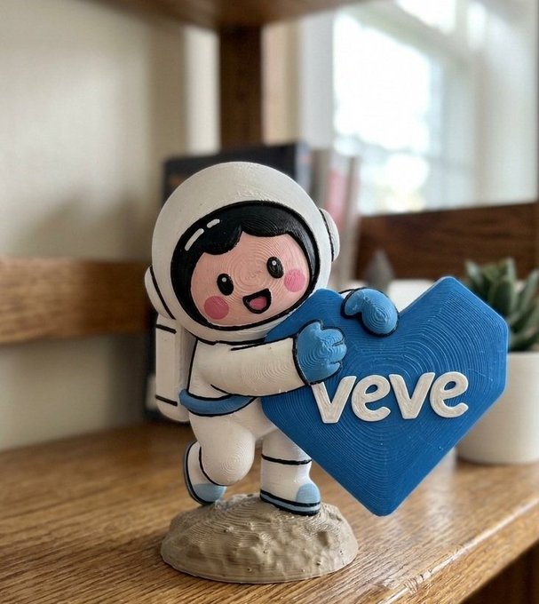 A 3D-printed figurine of a cheerful astronaut mascot holding a blue heart-shaped sign that reads "veve," displayed on a wooden shelf as concept art for the VeVe Stickerverse brand.