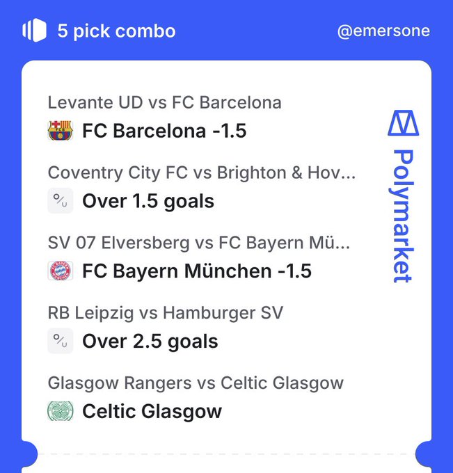 A '5 pick combo' sports betting slip from @emersone on Polymarket, featuring picks including FC Barcelona -1.5, Over 1.5 goals, FC Bayern München -1.5, Over 2.5 goals, and Celtic Glasgow.