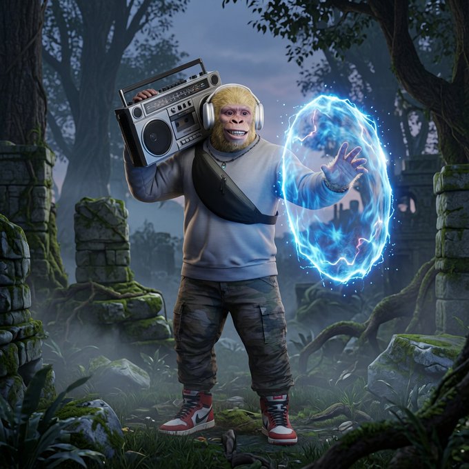 A monkey in streetwear holds a boombox on his shoulder while conjuring a glowing blue magical shield with his other hand, set in a misty forest with ancient ruins. The image visually represents the post's theme of being prepared for "hidden attacks" with magical protection, tying into the "$VEIL" token reference.