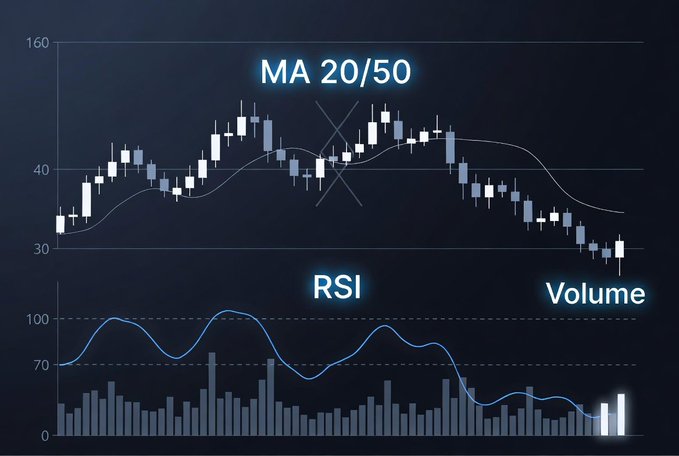 A financial chart displays candlesticks with overlaid 'MA 20/50' moving averages, alongside sub-charts for 'RSI' and 'Volume'.