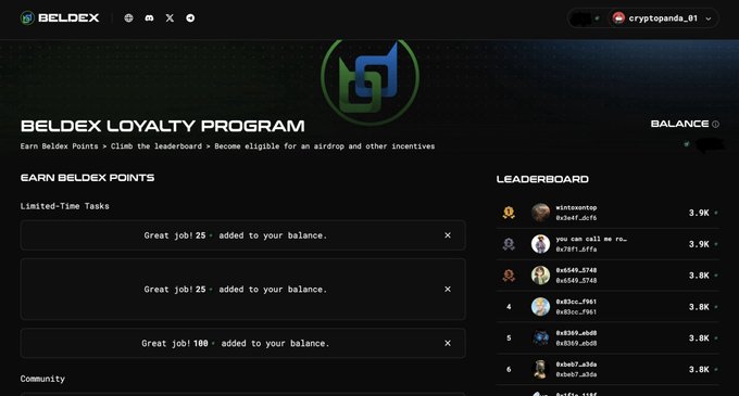 A screenshot of the Beldex Loyalty Program webpage showing 'Earn Beldex Points' with limited-time tasks giving point bonuses (25, 25, and 100) and a leaderboard ranking users like 'wintwentop' and '0x78ff.6ffa' with balances around 3.9K-3.8K.