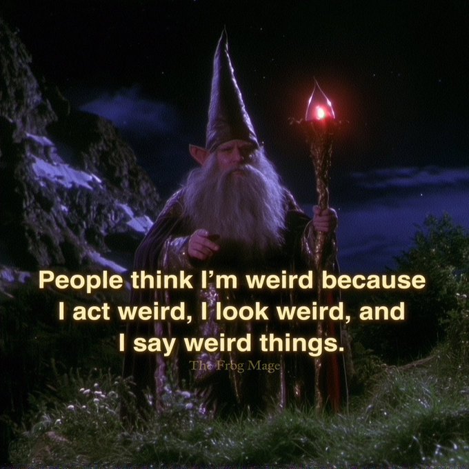A still from a fantasy film showing a wizard with a tall pointed hat, long gray beard, and staff at night, with text reading "People think I'm weird because I act weird, I look weird, and I say weird things. - The Frog Mage".