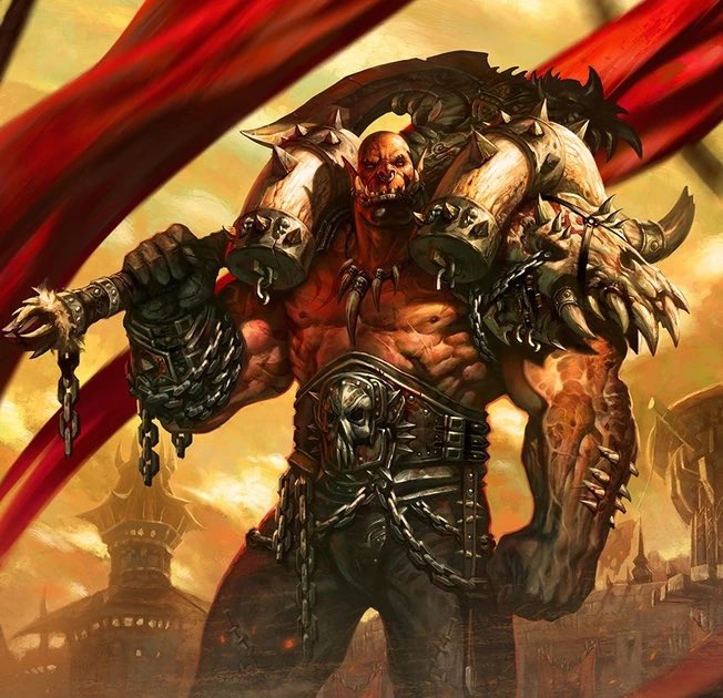 Digital fantasy art depicting a muscular, red-skinned warrior with horns, skulls, and chains, wielding a massive weapon against a fiery sky.