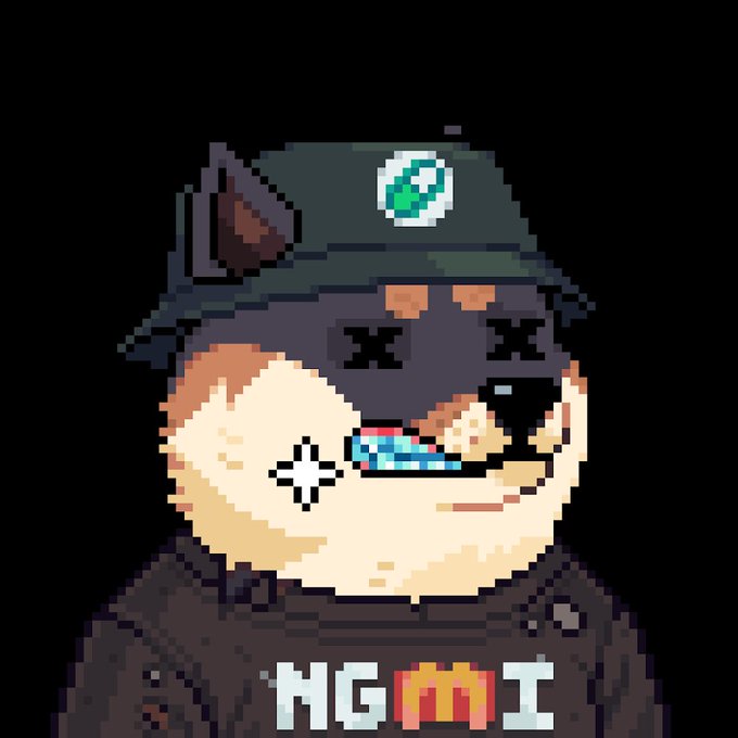 A pixel art illustration of a Shiba Inu dog wearing a military-style helmet and a black hoodie with the text 'HΞMI' displayed across the chest.