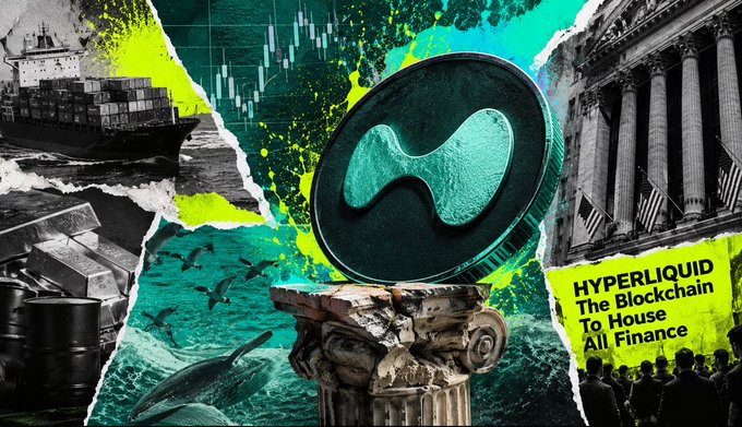 A promotional collage for Hyperliquid cryptocurrency, featuring a large coin with the project's wave-shaped logo mounted on a stone column, surrounded by images of a cargo ship, stock charts, currency, the ocean, and a government building, with the text 'HYPERLIQUID The Blockchain To House All Finance'.