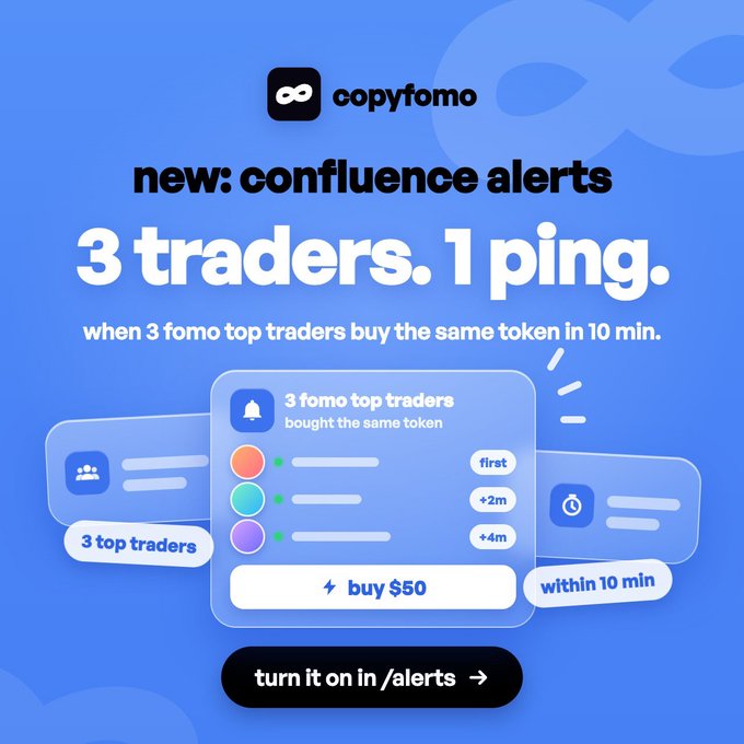 An advertisement for 'copyfomo' announcing 'confluence alerts' with the tagline '3 traders. 1 ping.', explaining that users get notified when 3 fomo top traders buy the same token within 10 minutes.