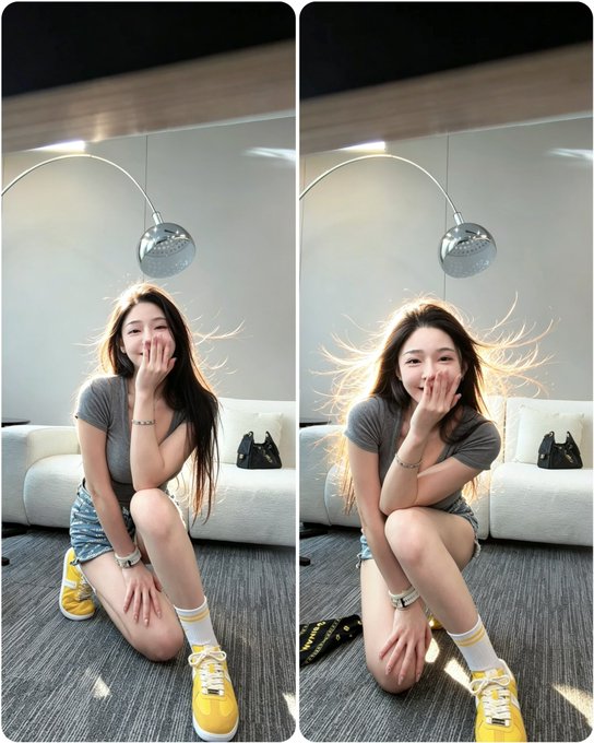 Two side-by-side photos of a smiling woman with long hair sitting on a gray carpet, wearing a gray t-shirt, denim shorts, and yellow sneakers, with a disco ball lamp behind her.