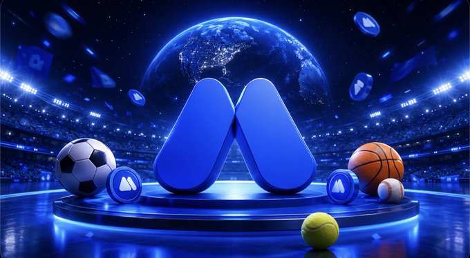 A dramatic stadium scene bathed in blue light features a large stylized "M" logo at its center, surrounded by a soccer ball, basketball, tennis ball, and baseball, with a glowing Earth visible in the background sky. The image visually reinforces the MEXC post's theme of a global, multi-sport prediction and trading platform by showcasing various popular sports alongside the brand's emblem and the world.