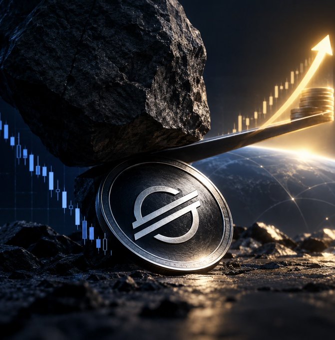 A dramatic digital illustration featuring a Stellar cryptocurrency coin being crushed beneath a large boulder balanced on a lever, with a glowing upward-trending stock chart arrow and stacked coins in the background, set against a cosmic globe backdrop.