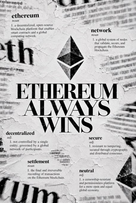 A black-and-white collage-style graphic featuring the Ethereum logo and the text "ETHEREUM ALWAYS WINS," surrounded by dictionary-style definitions for terms like "ethereum," "network," "decentralized," "secure," "settlement," and "neutral."