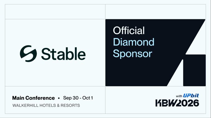 Promotional banner for Stable as an Official Diamond Sponsor of the KBW 2026 Main Conference at Walkerhill Hotels & Resorts, September 30 - October 1, with UPbit.