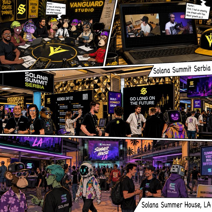 A comic-style collage depicting various Solana crypto events including 'Vanguard Studio', 'Solana Summit Serbia' (featuring 'Go Long on the Future' and 'Agenda Day 02'), and 'Solana Summer House, LA', with cartoon monkey and ape characters attending alongside real people.