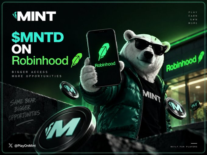 An advertisement for MINT showing a bear in sunglasses holding a phone displaying the Robinhood app, with text reading '$MNTD ON Robinhood, BIGGER ACCESS, MORE OPPORTUNITIES, SAME BEAR BIGGER OPPORTUNITIES' and the handle @PlayOnMint.