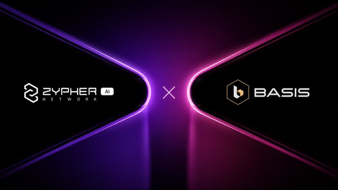 The image displays a partnership announcement featuring the "ZYPHER AI NETWORK" logo on the left and the "BASIS" logo on the right, separated by a glowing "×" symbol against a dark purple background, visually representing the collaboration between Zypher Network and BASIS announced in the accompanying post.