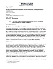 The image shows a cover letter dated August 11, 2025, from the Blockchain Association to SEC Secretary Vanessa Countryman, addressing the proposed rule "Regulation of the Use of Digital Asset," which the accompanying post notes the association opposes as part of efforts to remove the 20-year-old framework.