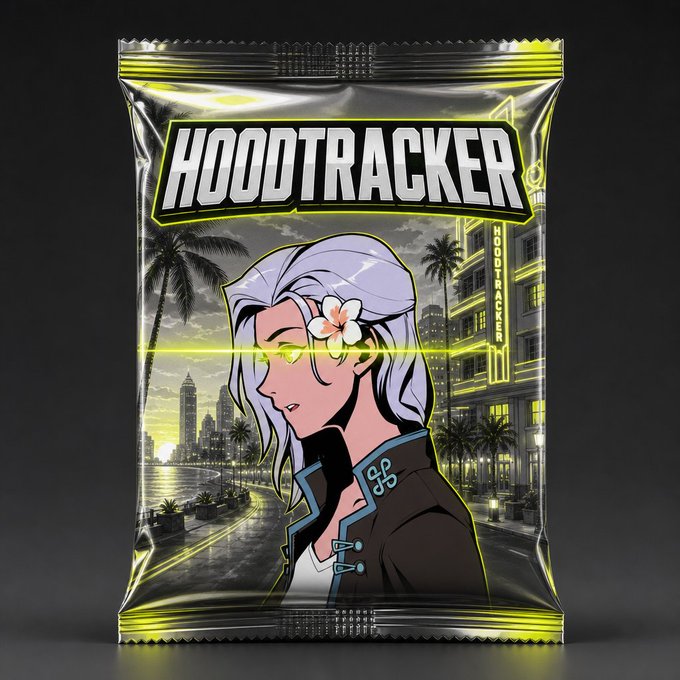 A foil package design for a product called "HOODTRACKER" featuring an anime-style illustration of a white-haired female character with a glowing yellow eye, set against a Miami beachfront cityscape.