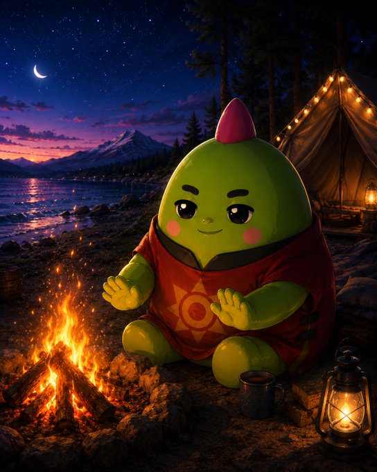 The image features a green stuffed animal sitting by a campfire with a lantern nearby. The scene takes place outdoors during nighttime, creating an atmosphere of relaxation and adventure. The image also includes text that references reputation management and the importance of actions over reputation in the context of the game Sleepagotchi.